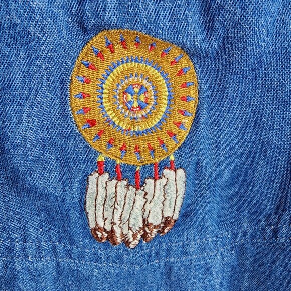Crazy Cowboy Rodeo Western Shirt Mens XL Aztec L/S Embroidered Denim Chambray - Picture 4 of 7